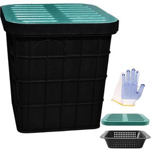 Large Drainage Catch Basin with Fiber Glass Grate and Debris Basket, French Drain Catch Basin with No Pre-Drilled Holes for Patios, Downspouts, Lawns, Municipal Plumbing (18x18x15 in)