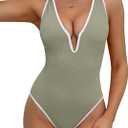 BMJL Womens One Piece Swimsuit Deep V-Neck Tummy Control Bathing Suits Ribbed Push Up Swimsuits (Medium, Army Green)