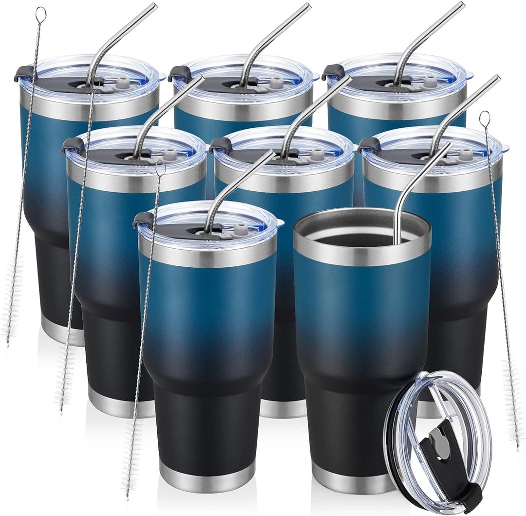 30 oz Insulated Travel Coffee Mug With Lids and Straws, Durable Powder Coated Stainless Steel Double Vacuum Coffee Tumbler Cup, for Cold & Hot Drinks, Office,party cups (Navy black, 8pcs)