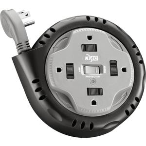 KMC 4-Outlet Surge Twist Cord Reel, Retractable Power Strip Surge Protector, 735J Surge Protection, 5ft Long Retractable Extension Cord, 3-Prong Low-Profile Flat Plug, UL/ETL Certified, Gray