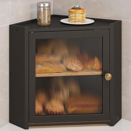 JANSNIMEN Corner Bread Box for Kitchen Countertop, Large Bread Container Storage Vintage Wooden Farmhouse Bread Box with Window for Homemade Bread Holder (Black)