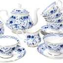Bone China Tea Set, 21-Pieces Porcelain Tea Set for Adults, Tea Cups And Saucers for 6, with Teapot, Spoons, Sugar Bowl, Creamer Pitcher, Vintage Tea Set for Women Tea Party (Blue)