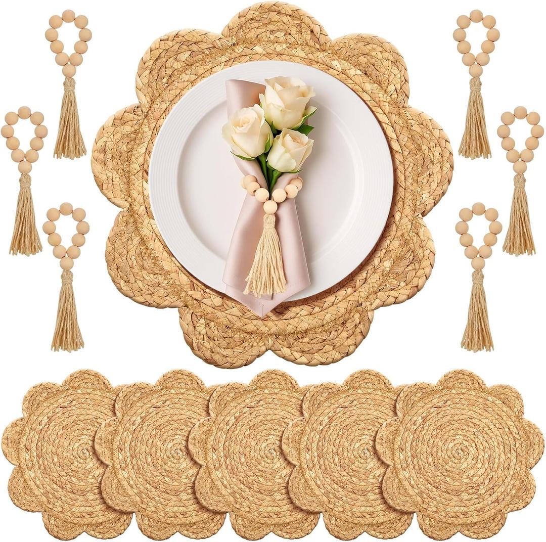 6 Set 13.8" Round Woven Rattan Placemats Plate Chargers with Wooden Beads Napkin Rings, Scalloped Edge Rattan Place Mats, Boho Farmhouse Braided Straw Table Mats for Dining Table Decor, Party