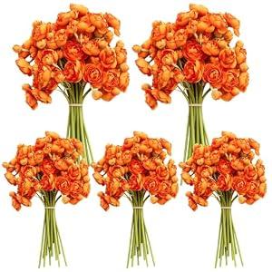 Ovveroche 5 Bouquets Orange Ranunculus Artificial Flowers, 30 Pcs Silk Mini Faux Ranunculus Bouquet for Wedding, Bridal Shower, Centerpieces, and DIY Decorations