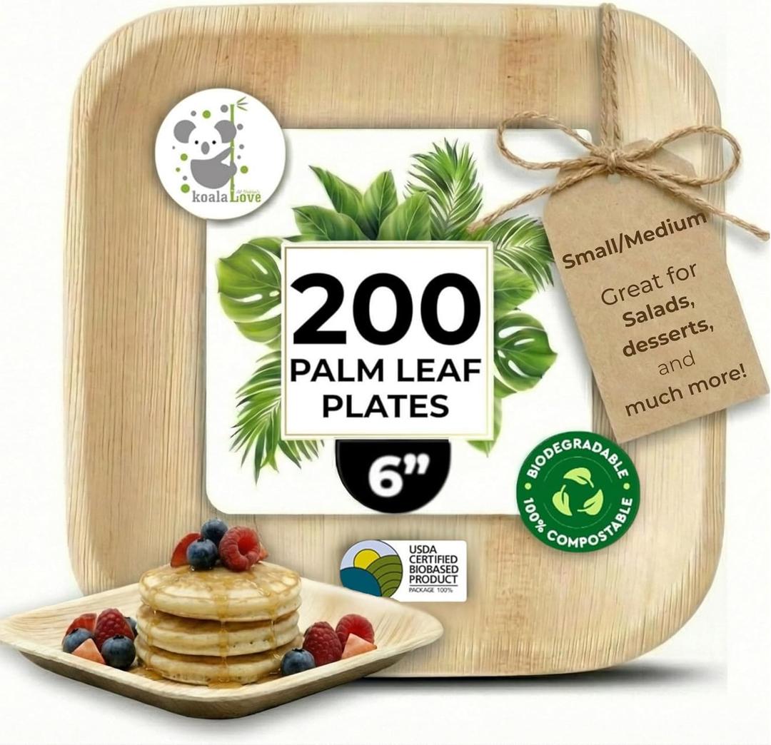 Palm Leaf Plate Bamboo Paper Disposable 6 Inch 200 Bulk Appetizer and Dessert Square Party Pack Eco Biodegradable Compostable Wooden Plate Better Than Plastic By KoalaLove