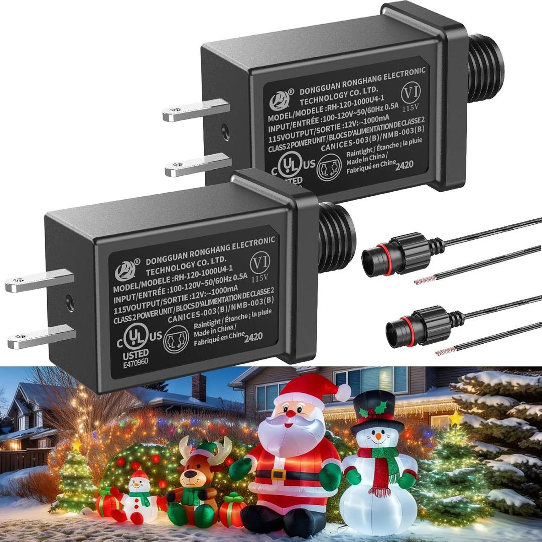 2Pack 12V 1.5A Replacement Yard Inflatables Adapter with 10ft Extension Cords, Low Voltage 18W Class 2 Power Supply, IP44 Transformer for Christmas Inflatables, LED Lights, Indoor Outdoor Decorations