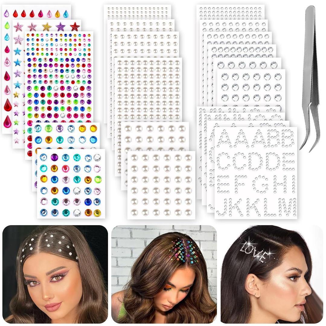 2609 Pieces Hair Gems,Hair Jewels Diamonds and Letters Rhinestones with Tweezers,Hair Pearls Stick on,Self Adhesive Bling Rhinestone Stickers for Crafts,Face,Eye,Nail,Clothing,6 Shapes, 3-8mm