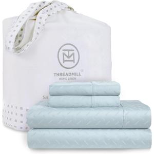 Threadmill Cotton Queen Sheet Set - 100% Cotton Damask Jacquard Sheets With 16" Deep Pocket - Soft Sateen Weave 4-Piece Cooling Bedding for Queen Size Bed - Blue (Light Blue Astra)