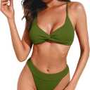 ZAFUL Women's Texture Bikini Sets with Criss Cross Back Two Piece Swimsuit Removeable Pads Swimwear Deep Green Medium (Green)