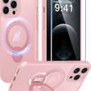 FNTCASE for iPhone 12 Pro-Max Case: [360 Spin Magnetic Stand] [Compatible with Magsafe] [Screen Protector] Translucent Matte Military Grade Shockproof Full Camera Protective Phone Cover - Pink