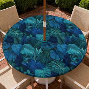 Round Outdoor Tablecloth with Zipper and Umbrella Hole, Fitted Table Cloth with Elastic, Oil Waterproof Tablecover for Patio Picnic Camping Garden Fits 32"-36" Round Table, Palm Tree