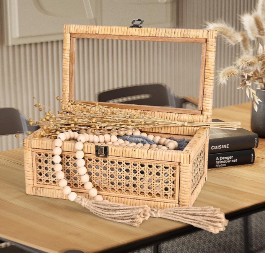 Rattan Decorative Box with Lid, Rectangular Woven with Glass for Display, Set of 2 Wicker for Decor
