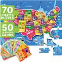 QUOKKA United States Puzzles for Kids Ages 4-6 - 70 Pcs Floor Puzzles for Kids Ages 6-8 Preschool Activities - Includes 50 Cards with 400+ USA Facts- State-Shaped Jigsaw Puzzle Gift for Girls Boys