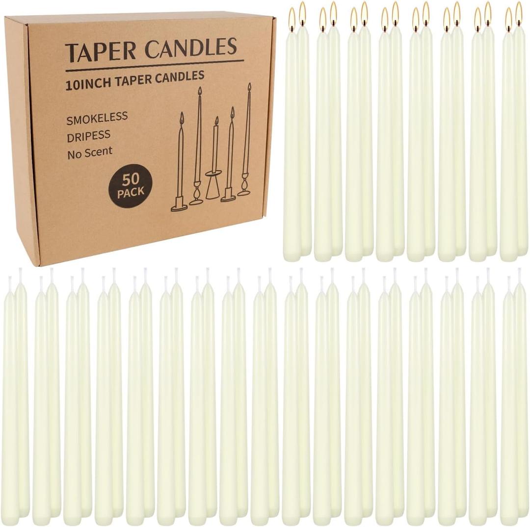 50 Pack Ivory Taper Candles 10 Inch - Classic Soft White Dinner Candles, Dripless Unscented Premium Wax with Cotton Wick, 8-Hour Burn Time for Wedding, Vintage & Formal Table Decor