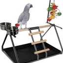 Parrot Bird Perch Table Top Stand Metal Wood 2 Steel Cups Play for Medium and Large Breeds 17.5" x 12.5" x 11"