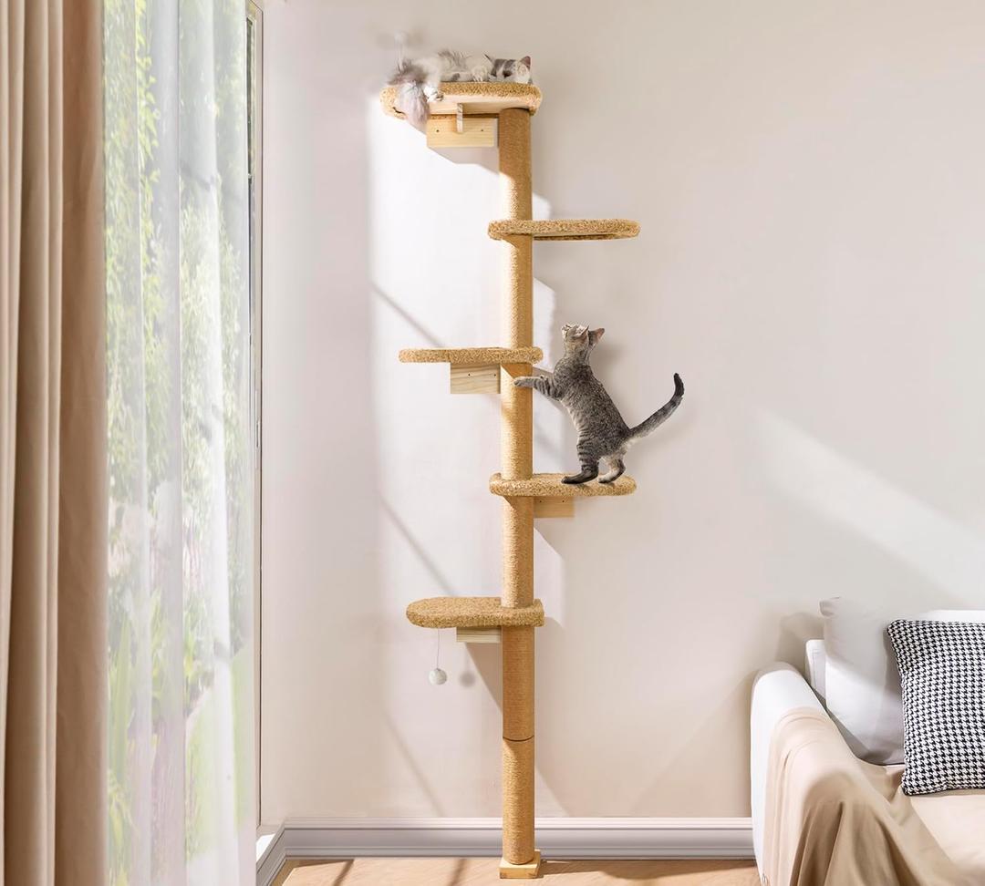 5-Tier Tall Cat Tree for Kittens, Floor to Ceiling Wall Mounted Cat Wall Shelves with Brown Plush Pads, Adjustable Wild Simulation Cat Tower for Climbing, Scratching & Lookout (83Inch)