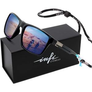 INFI Fishing Polarized Sunglasses for Men Driving Running Golf Sports Glasses Square UV Protection Designer Style Unisex (Shiny Black/Blue)