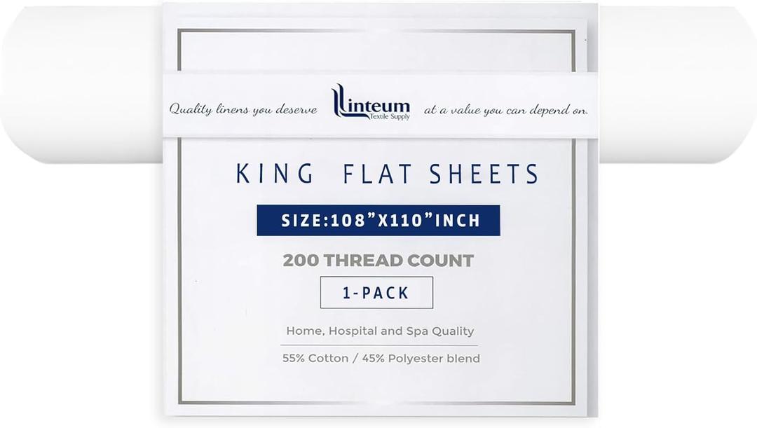 Linteum Textile Percale Flat Bed Sheets - 1 Pack, 108x110 Inches - King White Cotton Blended Top Sheet 200 Thread Count, Shrinkage & Fade Resistant - Ideal for Hotel, Motel & Rental Properties