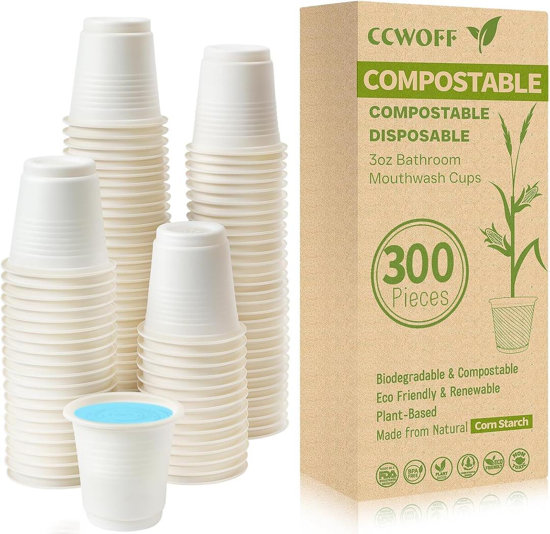 300PCS 3 OZ Bathroom Cups 100% Compostable Biodegradable Eco Friendly Cups Small Cups Disposable Mini Mouthwash Cups for Bath Rinse Cup Shot Disposable Cups for Drinking Washing Cups (Compostable Plant-Based Material)