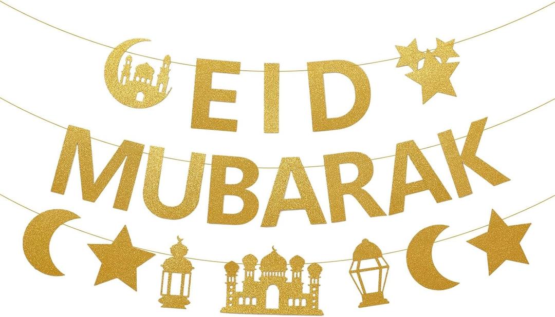 Netnology Eid Mubarak Banner Decorations, 10 ft Gold Glitter Pre-Strung Eid Mubarak Banner with Moon Star Ramadan Mosque for Islam Party Decorations No DIY Required