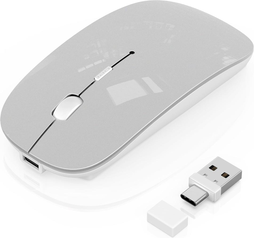 Wireless Mouse for Laptop/MacBook Air/Pro & iPad, Mouse Jiggler Mode Bluetooth 5.2/2.4G Rechargeable Silent Click 3-Level DPI Slim Portable USB-A&C Receiver (Mouse Jiggler Mode, Silver)