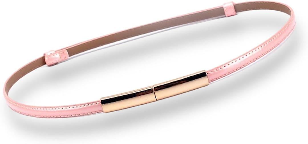 Women's Belt Patent Leather Belts Adjustable 22"-36" Skinny Slim Belt Leather Gold Color Buckle Waistband For Dress (Pink)