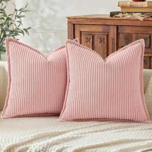 Mecatny Corduroy Summer Throw Pillow Covers 18x18 Set of 2, Neutral Decorative Soft Boho Couch Pillow Covers with Broadside for Sofa Living Room, Pink