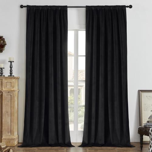 Joydeco Black 100% Blackout Curtains 84 Inch 2 Panels, Luxury Thermal Insulated Black Velvet Curtains for Bedroom Living Room, Soundproof Blackout Window Drapes, Rod Pocket & Back Tab (52W x 84L)