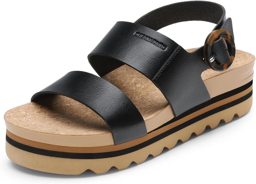 DREAM PAIRS Women's Orthopedic Arch Support Platform Sandals Comfortable Cork Insole Low Wedges Sandals Flatform Summer Dress Shoes Cute Buckle Wedges for Beach (8.5, Black)