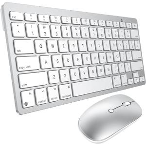 Wireless Keyboard and Mouse for Mac, 14 Media Shortcuts Keyboard with Adjustable DPI Mouse, Slim & Portable Design, Stable Bluetooth Connection, Silver-White,OMOTON