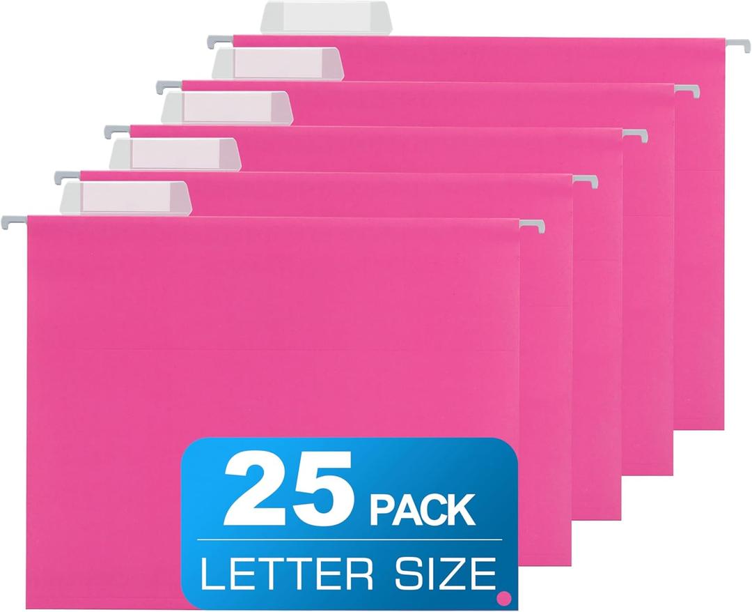 25 Packs Hanging File Folders Pink,Letter Size 8.5x11,Hanging File Folders with 1/5-cut Tabs,File Folders for Filing Cabinet with Tabs,Designed for Bulky Files,Ideal Office,School Classroom
