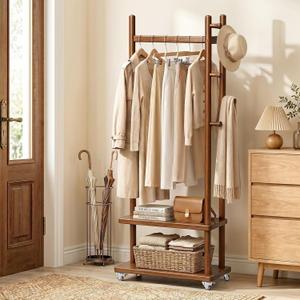 Taitiy Coat Rack Solid Wood Stand Storage 2 Shelves 4 Hooks Entryway
