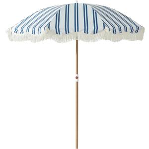 6.5FT Striped Beach Umbrella with Fringe, UPF 50+ Sun Protection with Silver Coating, Adjustable Height and Tilt Design, Wind-Resistant Fiberglass Ribs, Wood Grain Iron Pole, Lightweight Design with Portable Carry Bag, Base Not Included (Navy)
