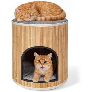 Cat Beds Indoor House, Handwoven Bamboo Cat Cave Pet Cube, Large Cat Houses, 2 Bed Mat, Foldable,Hideaway, 15.9x13.9 Inches, Living Room Bedroom Terrace Home Decoration Natural