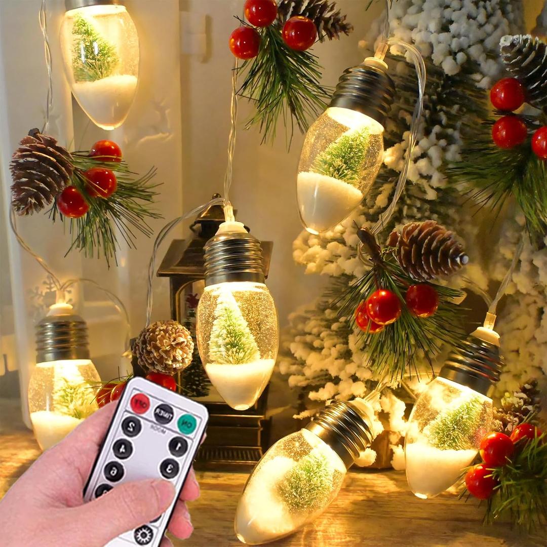 6.56FT Christmas Garland Lights 10 Tree Snow Bulbs Pine Twig Christmas Tree String Lights Battery Powered with Remote Timer Indoor Decoration for Home Bedroom Wedding Party Vintage