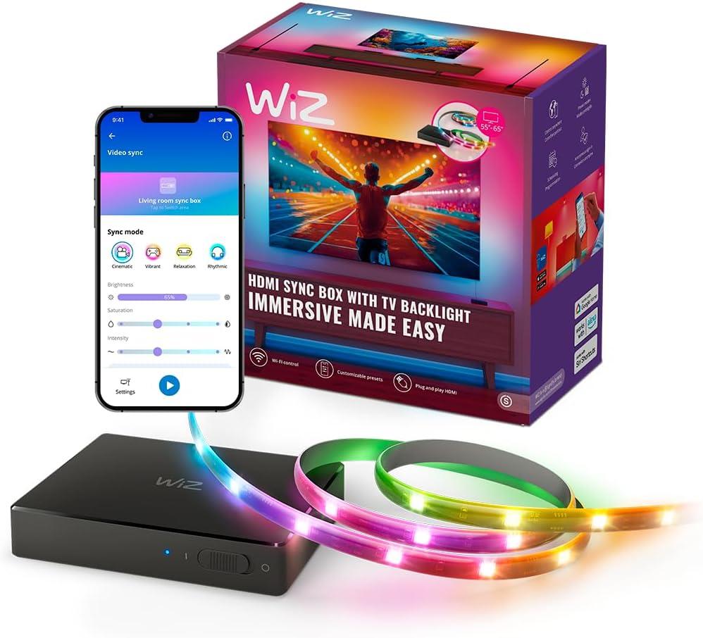 WiZ HDMI Sync Box with TV Backlight  Syncs Light to Your Movies, Games and Music - HDMI 2.0  Supports 4K at 60Hz - RGBIC LED Strip for 55-65 Inch TVs - App/Voice Control, Works with Google and Alexa
