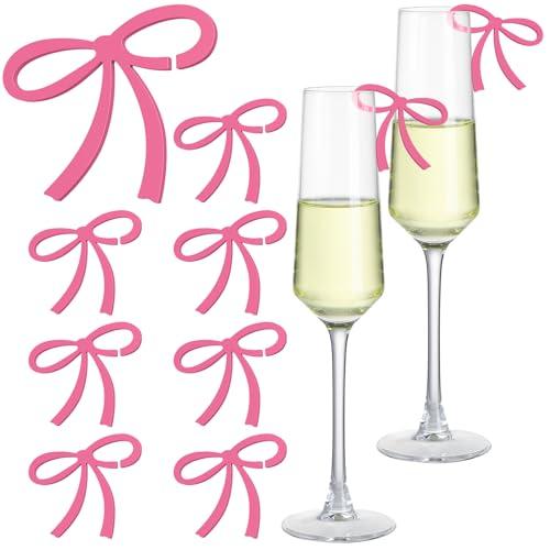 Colingmill 50 Pcs Rose Pink Bow Decor Bow Drink Tags Coquette Wine Glass Charms Acrylic Knot Drink Tag for Bachelorette Birthday Wedding Coquette Tasting Party Decorations Accessory