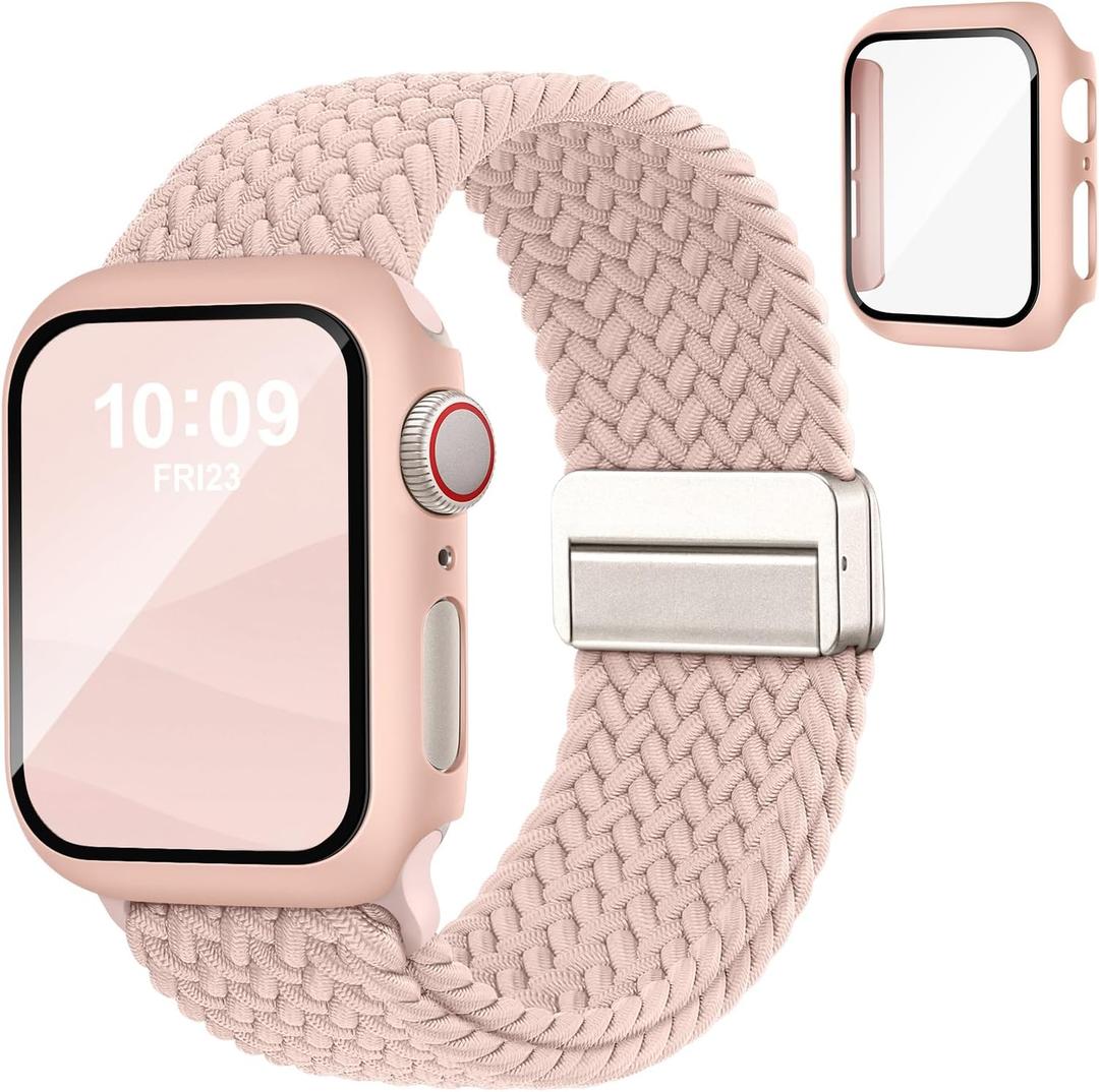 Magnetic Braided Band and Case Compatible with Apple Watch Bands Women Men 40mm 44mm 41mm 45mm 42mm 46mm, Stretchy Solo Loop Protective Cover & Screen Protector for iWatch Series 11/SE3/10/9/8/7/6/5/4