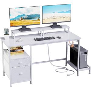 Furologee 47" Computer Desk with File Cabinet and Power Outlets, Home Office Desk with 2 Monitor Stands and Storage Drawer, Writing Gaming Table with Shelves and 2 Hooks for Bedroom, White