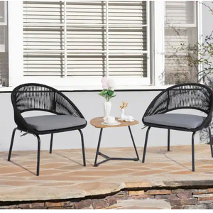 3-Piece Metal Black Woven Rope Outdoor Bistro Set with Grey Cushions