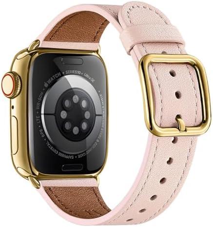 MNBVCXZ Leather Bands Compatible with Apple Watch Band Women, Womens Genuine Replacement Strap for iWatch Series 11 10 9 8 7 6 5 4 3 2 1 SE 3 SE 2 SE (42mm 41mm 40mm 38mm, Pink Sand/Gold)
