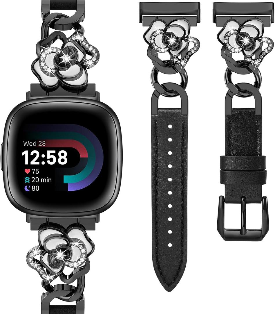Minyee Leather Band Compatible with Fitbit Versa 4/ 3/ Fitbit Sense 2/ 1 Watch Bands Women, Dressy Slim Elegant Leather Metal Chain Strap with Bling Camellia Charms for Versa 3 4 Sense Smartwatch, Black