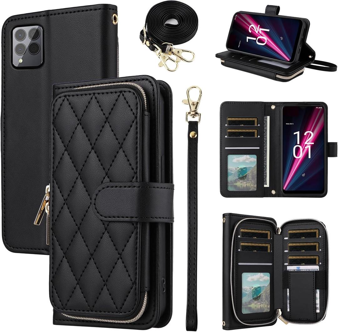 Argyle Wallet Case for T-Mobile Revvl 6 Pro/6X Pro 5G with Wrist Strap Shoulder Strap, 9+ Card Slots Zipper Purse Stand Phone Cover for Tmobile Revel X Tmo Revell T Mobile Rebel TCL Black