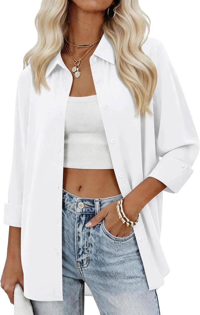 siliteelon Womens Button Down Shirts Solid Dress Shirts Long Sleeve Flowy Collared Work Office Business Blouses Chiffon Tops (White, S)