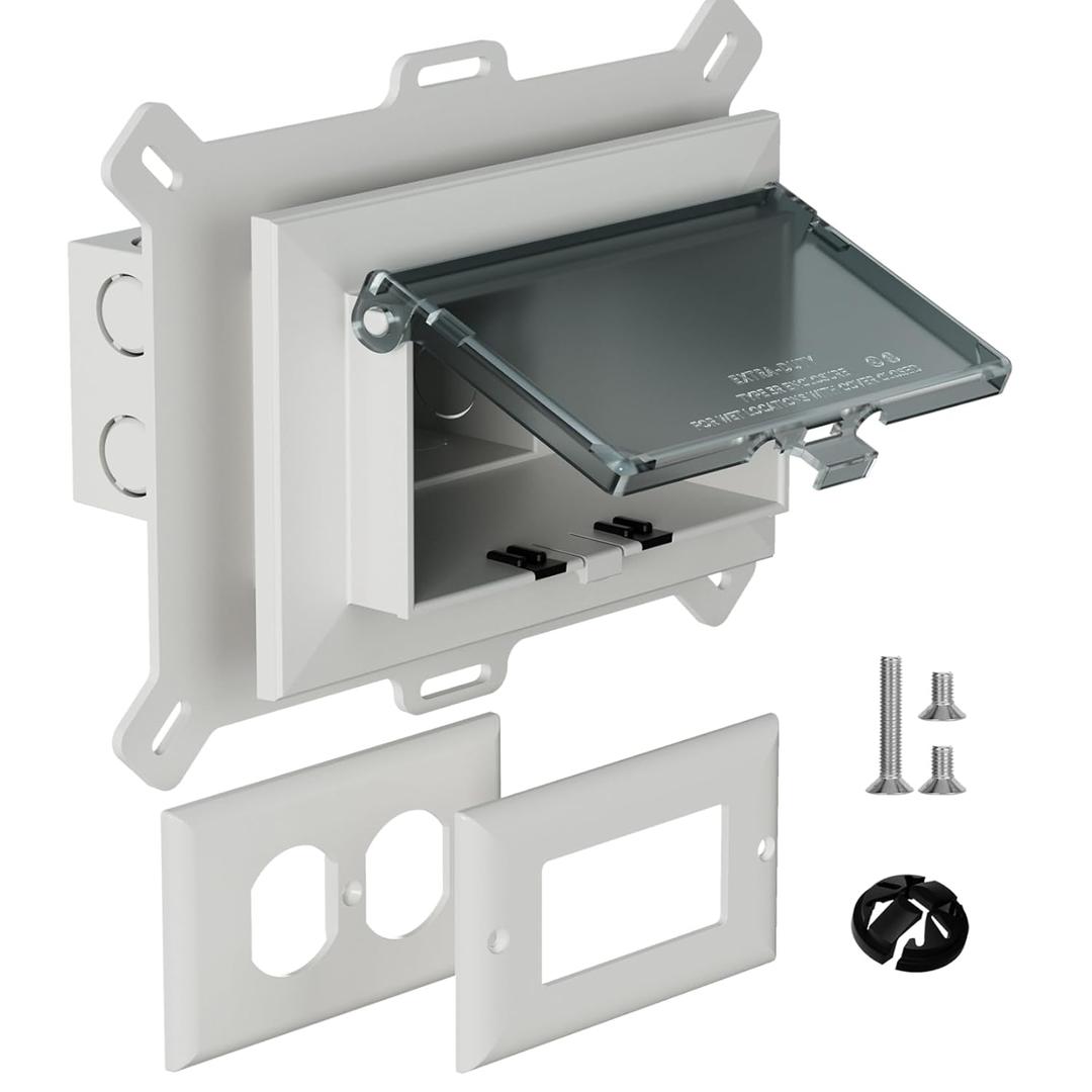 Recessed Outlet Box, DBHS1C-1 Low Profile Electrical Outlet Boxes, Wall Plate Kit for New Vinyl Siding, Enclosed Weatherproof Pack with Duplex & Decorator Style Covers, 1-Gang, Horizontal, Clear