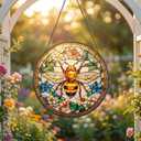 Stained Glass Window Hanging, Bee in Garden Flowers Sun Catcher, 7.87 InchHandmade Suncatcher for Window, Home Kitchen Decor, Gift for Gardeners, Bee Lovers, Birthday