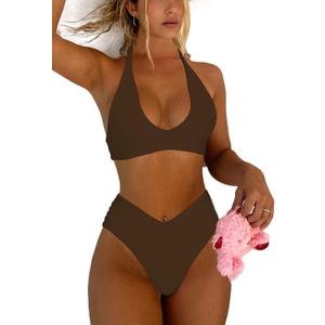 Women's Sexy High Leg Triangle Halter Bikini Set Padded Cup Bikini Cheeky Swimsuit V Cut Thong Bathing Suit (Medium, Brown)