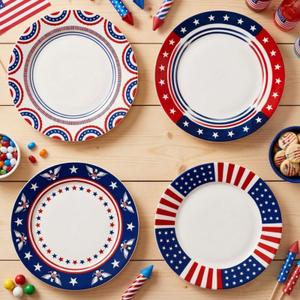 Rtteri 4 Pcs Patriotic Ceramic Plates 9 Inch 4th of July Red White Blue Patriotic Dishes American Flag Ceramic Flat Dinner Dessert Plates for 250 Anniversary Independence Day Dinnerware Decorations