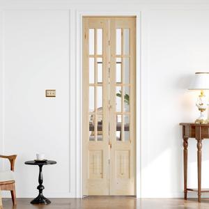 Roymelo Bifold Doors for 24"80" Opening, Clear Glass French Interior Folding Barn Door with Concealed Hardware Kit Included, Spruce Wood Support DIY Dyeing, Preassembled Door, Save Space