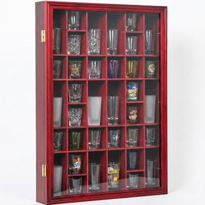 Furnishh 36 Slots Shot Glass Display Case with Lockable Door, Solid Wood Cabinet Collection Holder Wall Mounted Shot Glass Display Storage Box with Removable Shelves, 18"x26", Mahogany